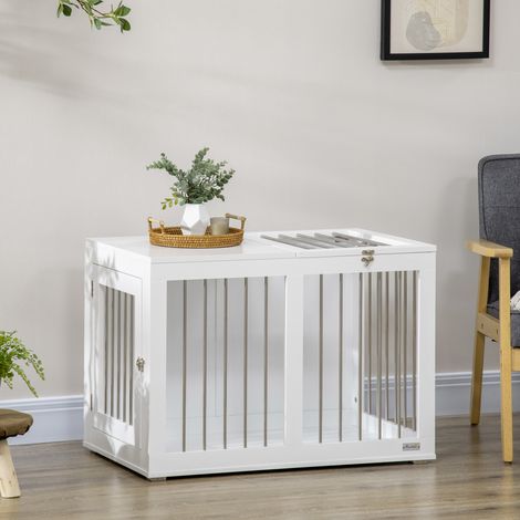 Gabbia per cani PawHut con 2 porte, box per cani, con serratura, in rete metallica, 80 cm x 50 cm x 56,5 cm, bianca + argento