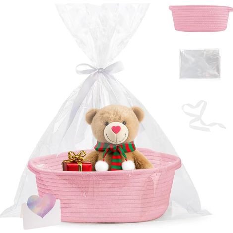 panier cadeau tressé en coton rose 30 x 20 x 12 cm avec ruban et carte – vide à garnir pour fête, mariage, anniversaire (1/5)