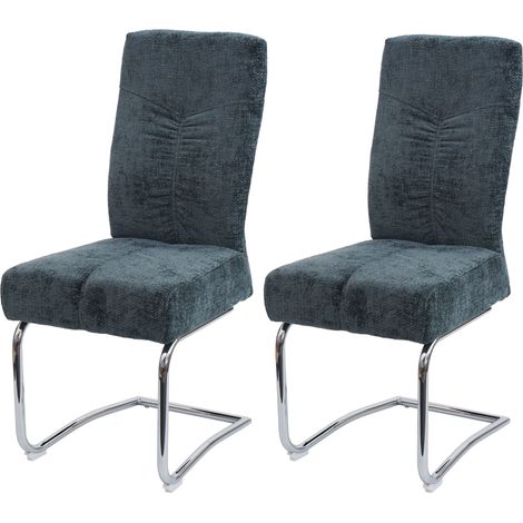 [NEUWERTIG] 2er-Set Esszimmerstuhl HHG-125, Küchenstuhl Freischwinger Stuhl Lehnstuhl, Metall Stoff/Textil Chenille blau-grün