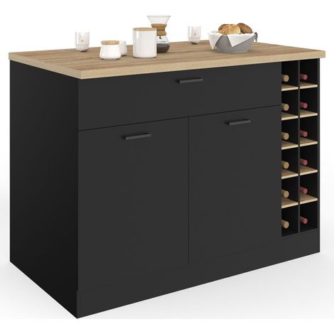 Idmarket – Îlot central de cuisine noir mat avec range-bouteilles et tiroir – Dimensions L. 120 x l. 70 x H. 90 cm – Panneaux en bois mélaminés