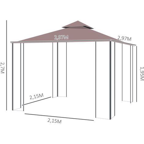 Pavillon de jardin avec parois latérales en moustiquaire, tente de réception à double toit, chapiteau de jardin de 2,97 x 2,97 m (1/5)