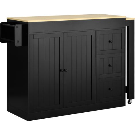 Îlot de cuisine mobile avec plan de travail extensible, rangement épices et tiroirs, MDF noir, 112-186,8 x 45 x 93 cm (1/5)