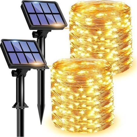 Lot de 2 Guirlande Solaire Exterieur,2x22m 200 LED Guirlande Guinguette Étanche,8 Modes Décoration pour Jardin Balcon,Blanc Chaud (1/5)