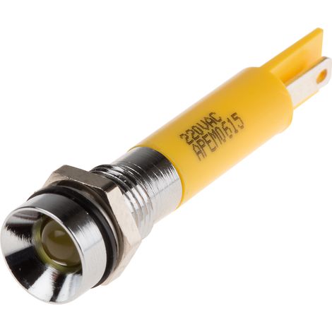 Voyant LED lumineux Jaune RS PRO, dia. 8mm, 220V c.a., IP67 ( Prix pour 1 ) (1/2)