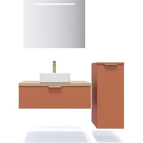 Meuble de salle de bain suspendu vasque à poser 90cm 1 tiroir Terracotta + miroir + colonne ouverture droite - Venice (1/5)