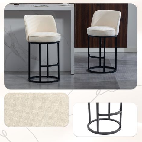 Tabourets de bar revêtus de lin – Lot de 2 tabourets pour îlot central, design moderne avec pieds en métal noir – Chaises de bar rembourrées et confortables, idéales pour bars à domicile et espaces re