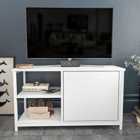 Meuble TV Muskegon 90 cm Placard et Étagères ouvertes (Blanc) (1/5)