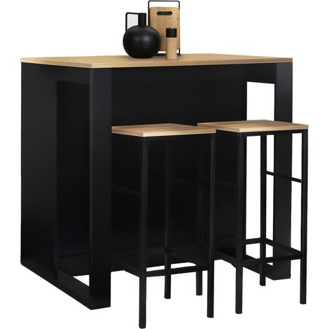 Idmarket – Ensemble table de bar îlot JUNO bois noir – 2 tabourets DETROIT – Longueur 113 cm x largeur 60 cm x Hauteur 90 cm – Design industriel