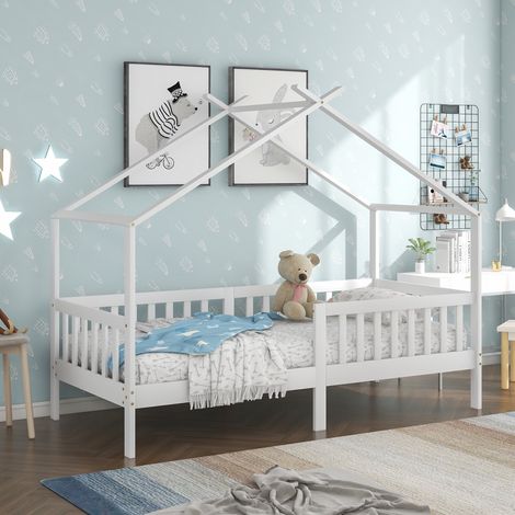 Lit cabane 90x200 cm – Lit enfant – bois massif– barrières – FSC – Sommier à lattes (1/5)