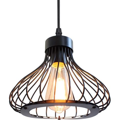 Suspension luminaire industrielle E27 vintage en métal noir – Abat-jour cage 23x23x20cm – Longueur câble 100cm réglable – Tension 110-240V (1/5)