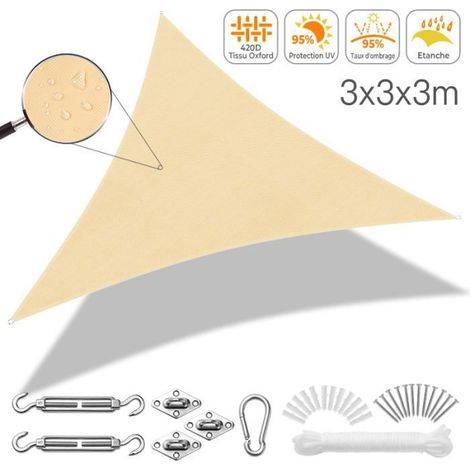 HOXILEELEOVoile d\'ombrage Triangle - - Beige - 3x3x3M - 420D Tissu Oxford - 95% Anti-UV (1/4)