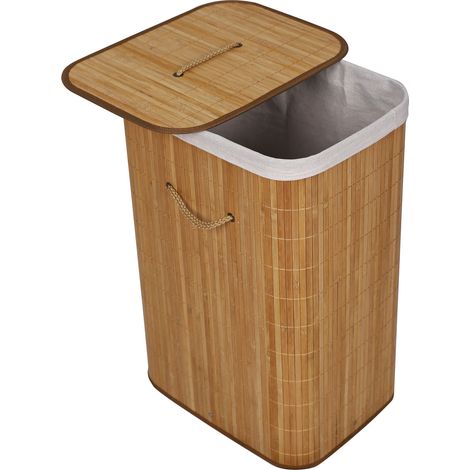 Wiltec Cesta plegable ropa sucia de bambú 72l color natural rectangular con saco interior extraíble 1 compartimento con tapa removible y asas
