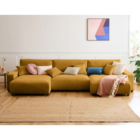Pivoine - 7-sitzer wohnlandschaft u-form - schlaffunktion und bettkasten - aus strukturiertem samt - gelb (1/5)