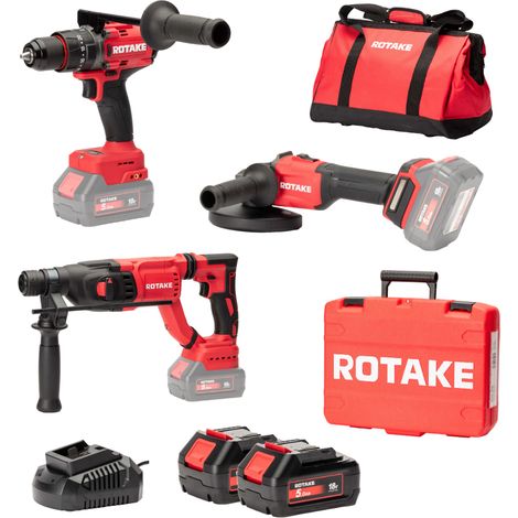 Ensemble de 3 machines ROTAKE 18V - Perceuse visseuse à percussion D2H-50D + Meuleuse G1-125 + Perforateur 8902 + 2 batteries 18V 5Ah - ROTAKE avec 1 sac de transport - LOT05