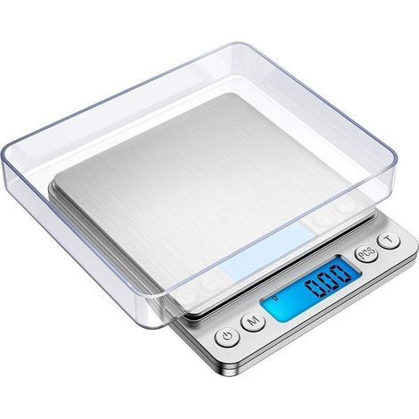 Bilancia di precisione, 500 g/0,01 g, bilancia da cucina con tara e funzione di conteggio, display LCD retroilluminato (argento) (1/5)