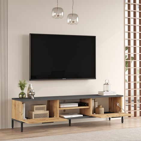 TV-Schrank Crissolo, ein Regal, 2 Türen, 4 Fächer, 160x35x39h cm, Braun Eiche (1/5)