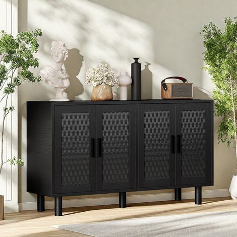 Buffet à quatre portes en osier noir–140 x 40 x 80–Meuble de rangement en bois–Pour le salon/la salle à manger–Style moderne et tendance–Très grand espace de rangement