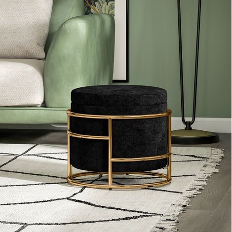 Pouf de rangement rond, Ø42 x 39 cm, revêtement polyester, noir HAVRYA (1/4)