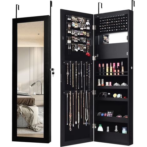 COSTWAY Armario para Joyas con Espejo de 12 LED, Espejo Joyero de 120 cm con Cerradura, Organizador de Armario Joyero Montado en Pared o Puerta con Estantes Forrados, Ganchos (Negro) (1/5)
