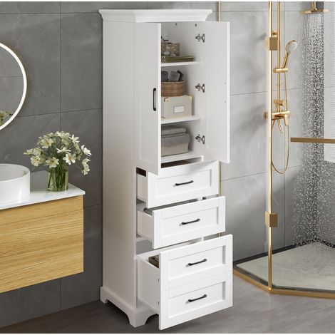 Mueble de baño alto MDF blanco 57 cm con 3 cajones, armario y estantes (1/5)