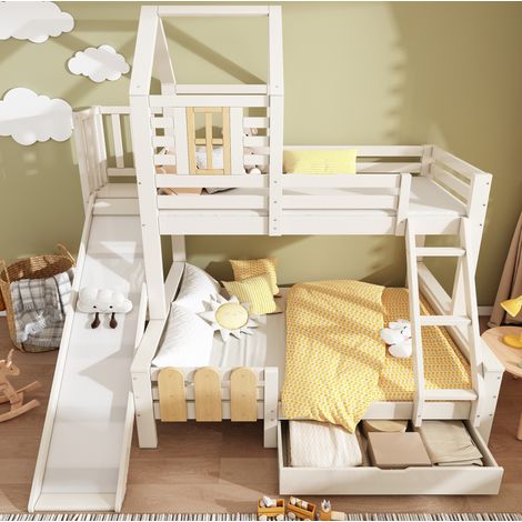 Cama litera casita 90x200/140x200 cm blanca y madera, con tobogán, escalera y cajón (1/5)