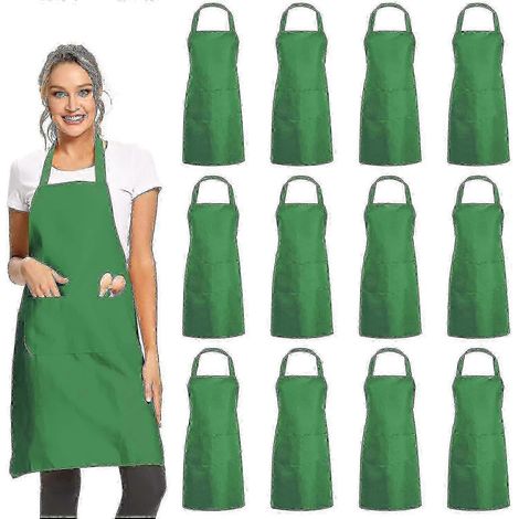 Lot de 4 tabliers simples à bavette avec 2 poches – Tabliers commerciaux unisexes verts en gros pour la cuisine (v1)