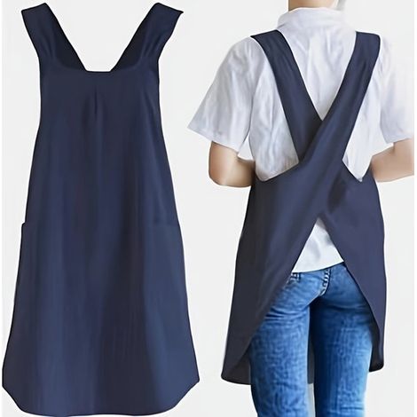 Elegante grembiule da donna in stile retrò - Spalline regolabili, non necessita di lacci, comodo e alla moda, adatto per cucinare in casa, in cucina o in negozio (blu scuro) (1/5)