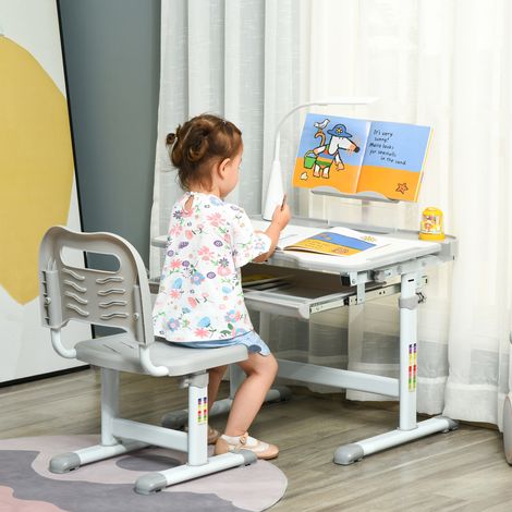 Ensemble Bureau Chaise Enfants Réglables Tiroir Basculant Lampe Table Étagère Article Enfant +6 ans Grise (1/4)