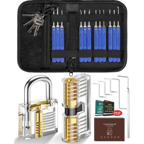 25-teiliges Schlossknacker-Set mit 2 transparenten Schlössern, Übungswerkzeugen, transparentem Vorhängeschloss mit Ledertasche, Übungswerkzeug für Anfänger und professionelle Schlosser (1/5)