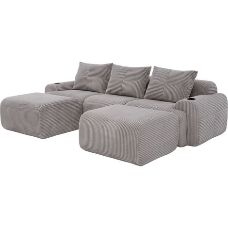 Canapé modulable 3 places avec deux poufs, canapé en velours côtelé gris clair, configuration en L ou en U pour le salon (1/5)