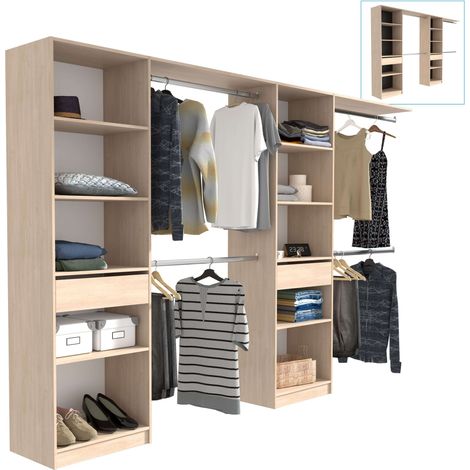 Vestidor Elios para Dormitorio en Color Madera Claro-Negro-Blanco 5 Estantes 1 Cajón 4 Barras 320x200x40 cm (1/5)