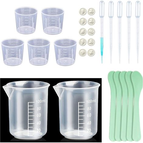 Kit de tasses à mesurer 15 pièces de 30 ml et 100 ml en plastique pour mélange de peinture, résine et médicaments, 5 bâtons de mélange, 10 doigtiers, 5 pipettes de transfert (1/5)