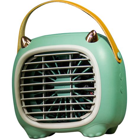 Ventilateur de bureau USB avec brumisateur, 3 vitesses, poignée souple, design cartoon, contrôle facile, petit format, idéal pour la maison, le bureau ou l'école (vert). (1/5)
