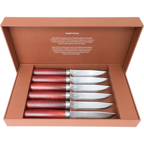 Morakniv STE-13662 Set de Cuchillos Chuleteros para carne Steak Knife Classic con hoja de Acero inoxidable sueco 14C28N de 11 cm y mango de Madera de abedul rojo. Presentación en caja (6 ud por caja