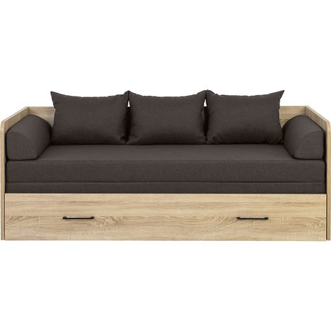 Lit canapé convertible 80-160x200 cm coloris Chêne sonoma avec coffre de rangement, matelas et 3 oreillers noir - Longueur 200,5 x Profondeur 79/154 x Hauteur 73 cm (1/3)