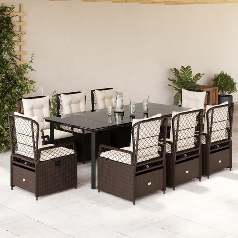 Ensemble repas de jardin 9 pièces en poly rotin marron, table noire et coussins écru - PANGIVO (1/5)