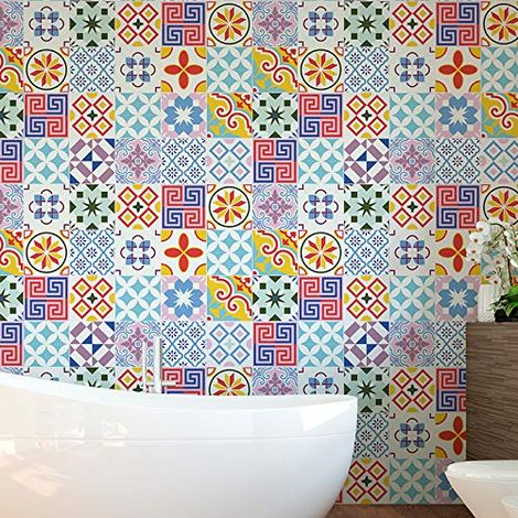 (24 pièces) Stickers Carrelage Adhésif 15x15 cm - Sticker Autocollant Carreaux de ciment – Décoration Murale Stickers Carrelage pour Salle de Bain et Cuisine - Carreaux de ciment adhésif mural (1/5)