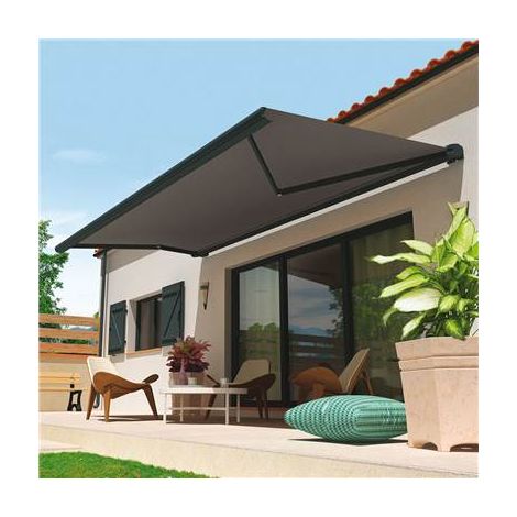 Store banne coffre intégral HEVOA (Motorisation à télécommande + Manœuvre de secours - Gris anthracite RAL 7016 - Gris foncé 250g/m² - 4.00 x 3.00 m) (1/4)
