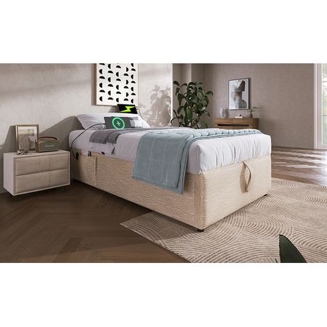 Stauraumbett 90x190 cm aus Naturleinen mit USB-C, ohne Matratze – MEUBLIV (1/5)