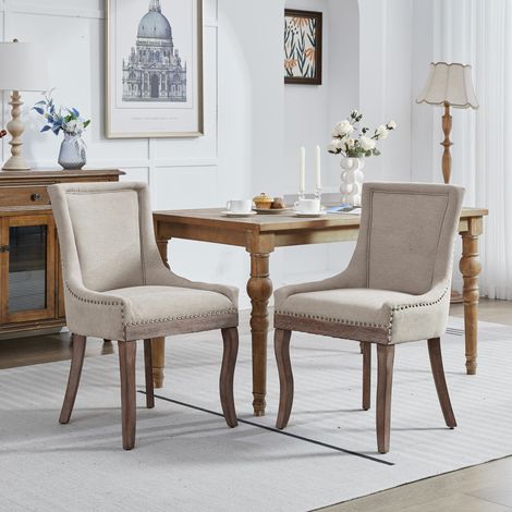 Lot de 2 chaises de salle à manger,Chaise de cuisine rembourrée style français rétro avec dossier haut et pieds en bois massif, Assise chenille, Beige (1/5)