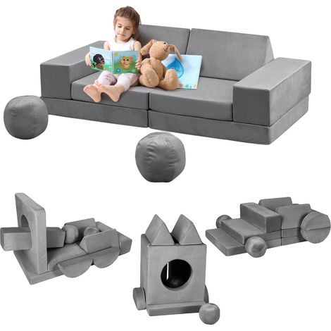 Canapé pour enfants, Design modulaire, Construction en mousse douce, Gris (1/2)