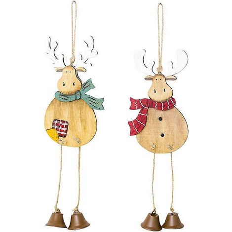 Lot de 2 décorations de Noël : pendentifs en bois en forme de cerf coloré, avec ficelles et clochettes, à fabriquer soi-même pour une fête de Noël.-M (1/3)