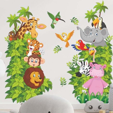 Stickers Mural Animaux de la Jungle Autocollants Muraux Animaux Dessin Animé Stickers Muraux Eléphant Singe Girafe Lion pour Chambre de Bébé Pépinière D'enfant Décoration Murale De La Maison (1/4)