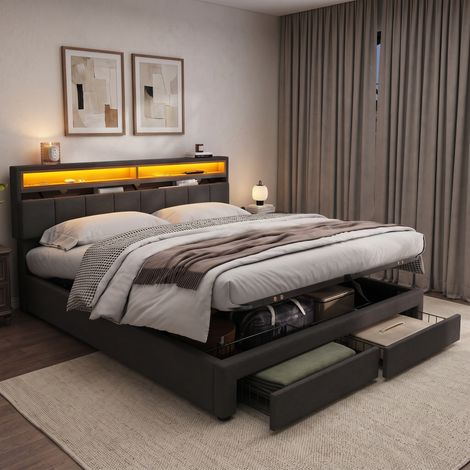 Letto matrimoniale 160x200 cm – Letto contenitore – Illuminazione LED integrata – 2 cassetti in metallo – Rete a doghe – Biancheria grigia (1/5)