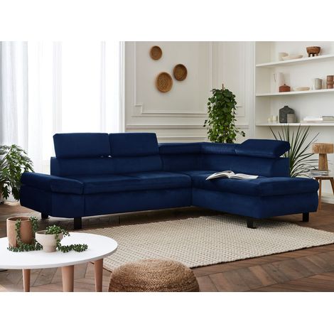 Nairobi - ecksofa mit schlaffunktion - samtsofa - 5 sitzplätze - mit kopfstützen - rechts. - nachtblau