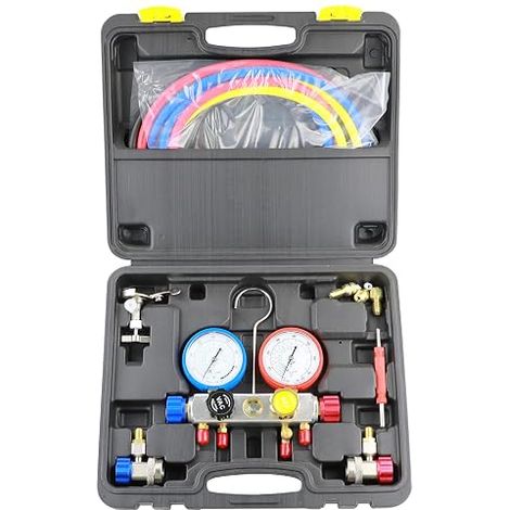 AC 4 Way Diagnostic Tool Kit for AC Manifold R12 R22 R134A R410A with AC Charging Hose, Tank Adapters, Quiack Couplers (1/5)