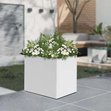 Jardinières d'extérieur blanches Jardinières carrées en acier Jardinières d'intérieur en métal Grandes jardinières cubiques Jardinières robustes de 50 cm Style moderne pour usage commercial/terrasse/j (1/5)