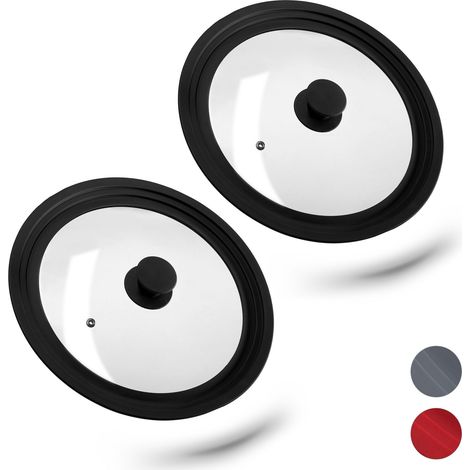 Set of 2 Relaxdays Saucepan Lids Universal, Glass Cover, Stepped Silicone Rim, Pots & Pans 26-30 cm, 5x27,5 cm, Black