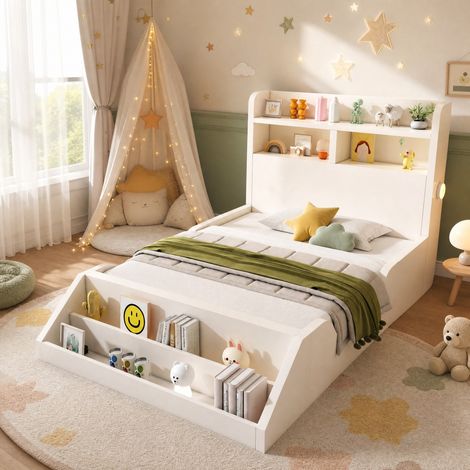 DESMIU Lit Simple 1 Place avec Étagères, Bibliothèque Amovible et Veilleuses 90 × 200 cm, Sans Matelas (1/5)