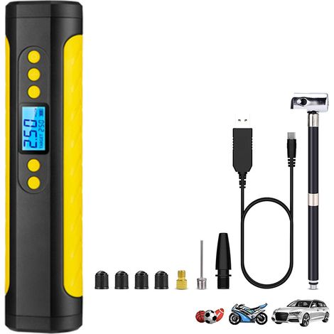 Mini compresseur d'air portable, gonfleur électrique, gonfleur de pneus d'urgence avec écran LCD et lumière LED, alimentation mobile, batterie Li-ion rechargeable 2000 mAh pour voitures, vélos, ballon